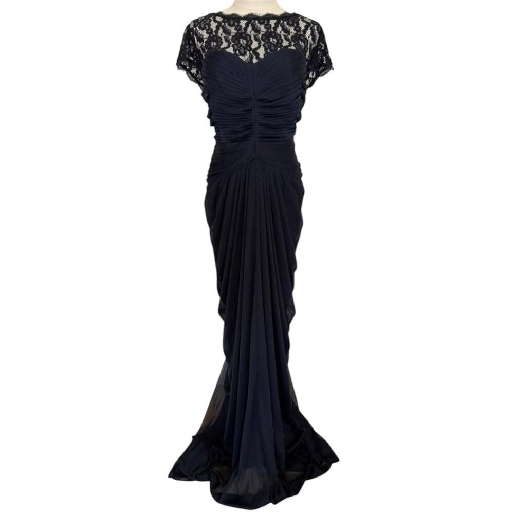 Adrianna Papell Ink Black Illusion Lace Yoke Ruched Drape Gown Dress 20W NWT - Picture 5 of 14